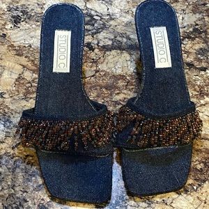 Denim Wrapped Beaded Heels